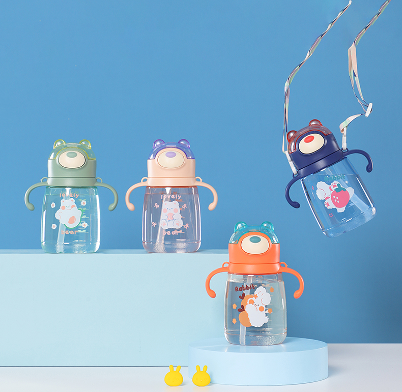 450ml卡通水果熊儿童塑料杯背带儿童壶双手柄杯子
