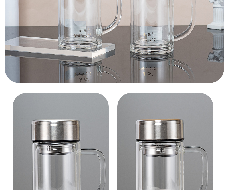 360ML手柄玻璃杯简约商务男士双层泡茶办公礼品杯子