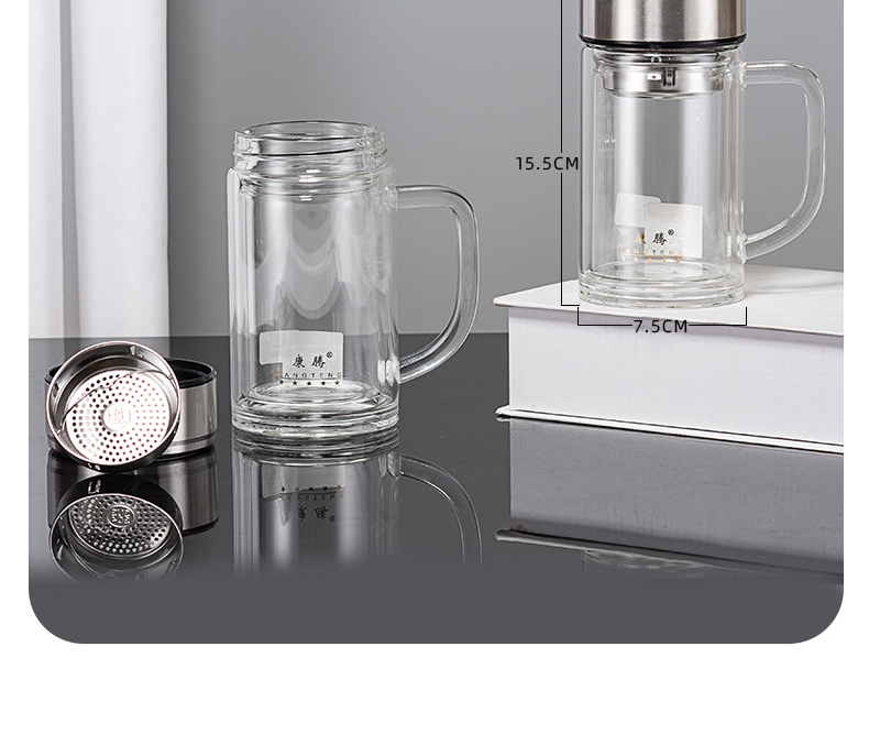 360ML手柄玻璃杯简约商务男士双层泡茶办公礼品杯子