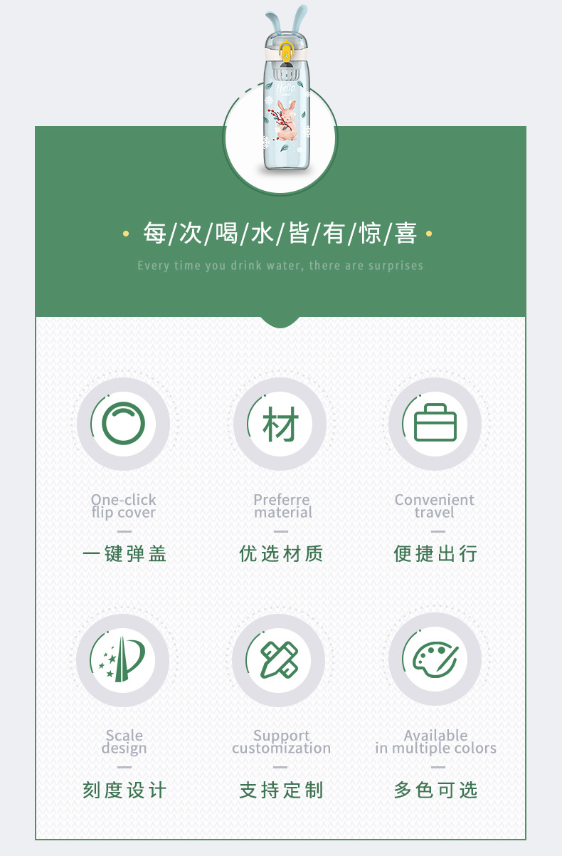 600ML唯美款快乐兔塑料杯大容量带刻度随行杯（彩盒）