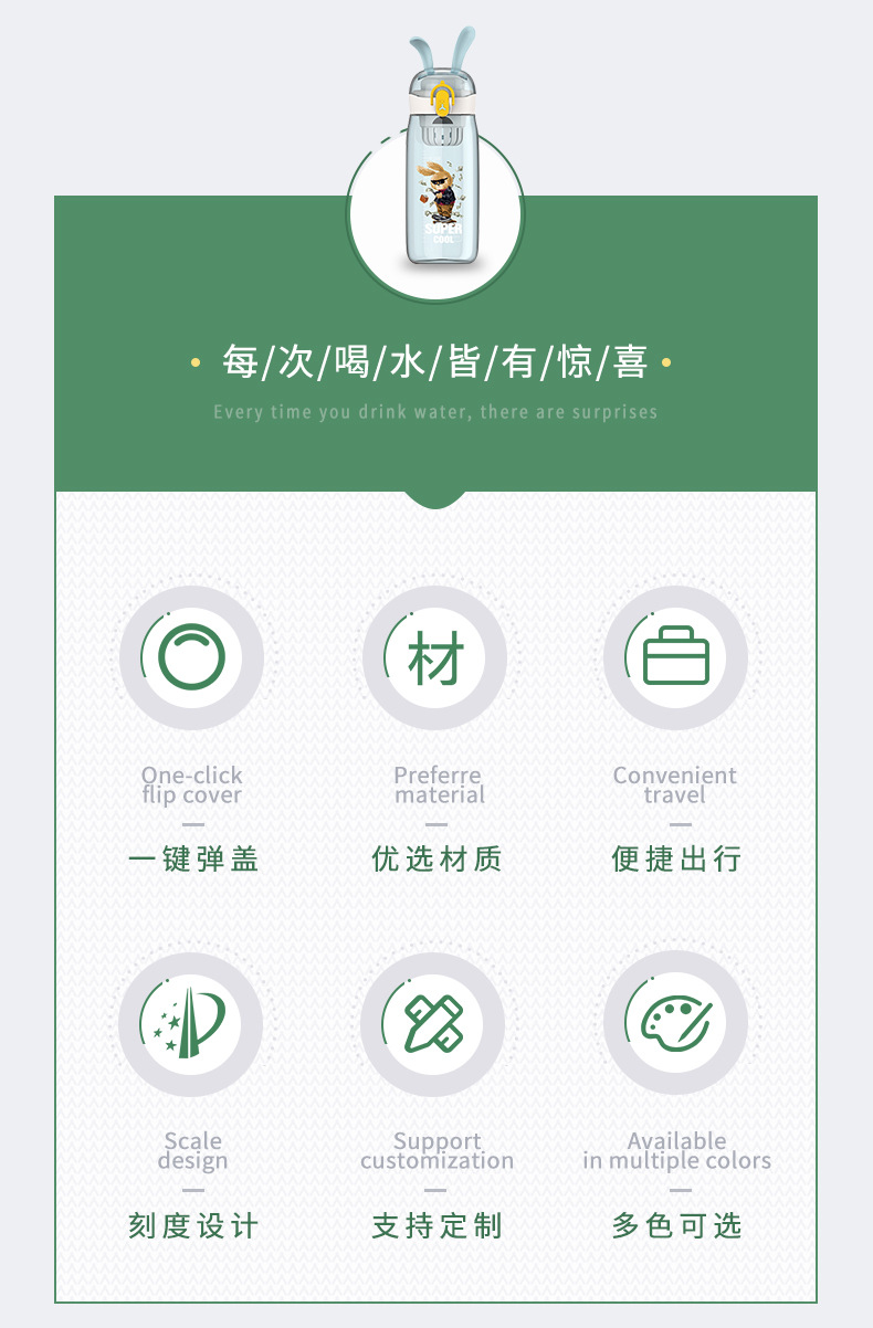420ML运动款快乐兔塑料杯网红萌系弹跳盖水杯（彩盒）