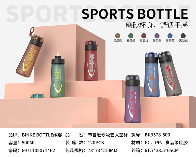 500ml布鲁磨砂吸管太空塑料杯户外运动便携水杯(彩盒）