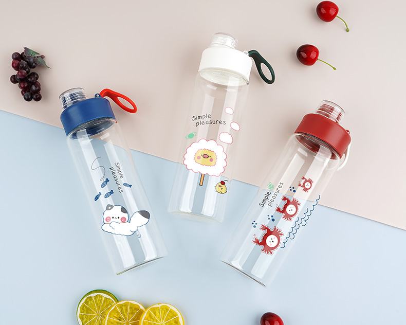 500ml西恩玻璃杯学生情侣小清新可爱便携提手水杯