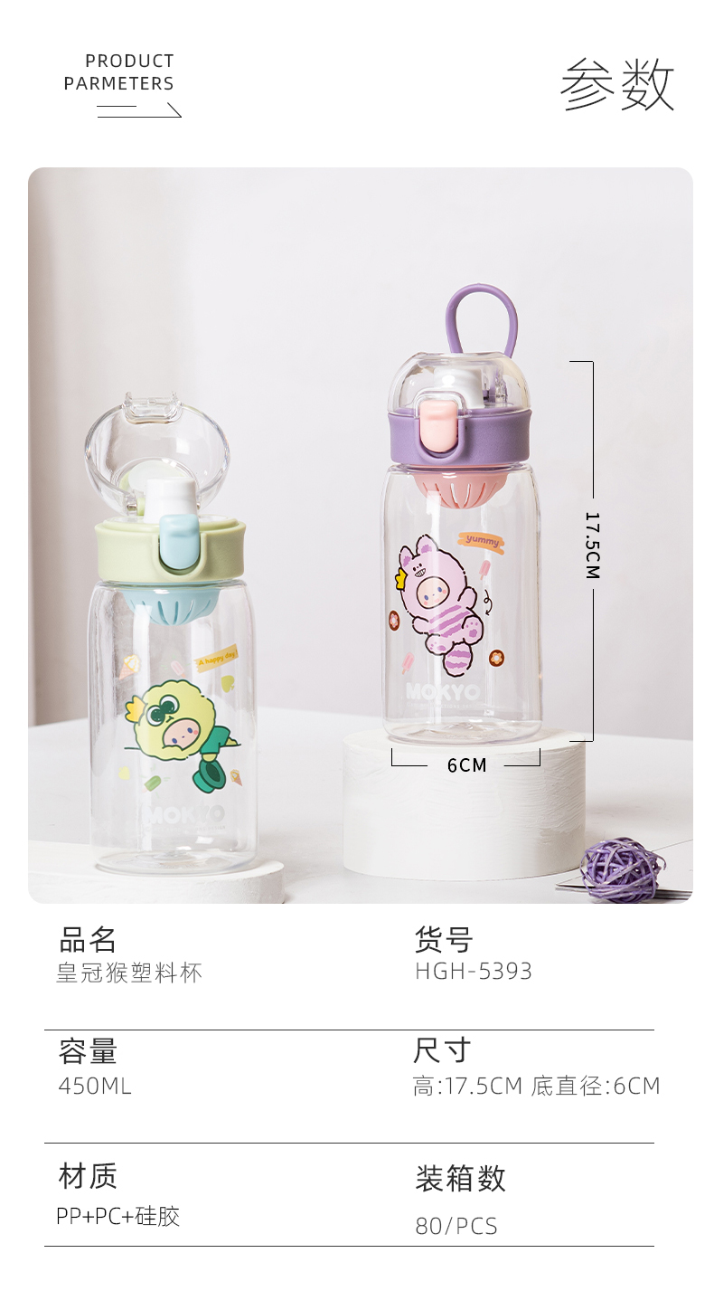 450ML皇冠猴弹盖塑料杯学生卡通可爱便携随手杯(彩盒）