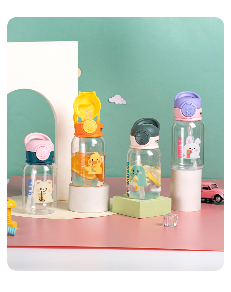 550ML机械熊儿童塑料杯卡通可爱弹跳盖吸管杯(彩盒）
