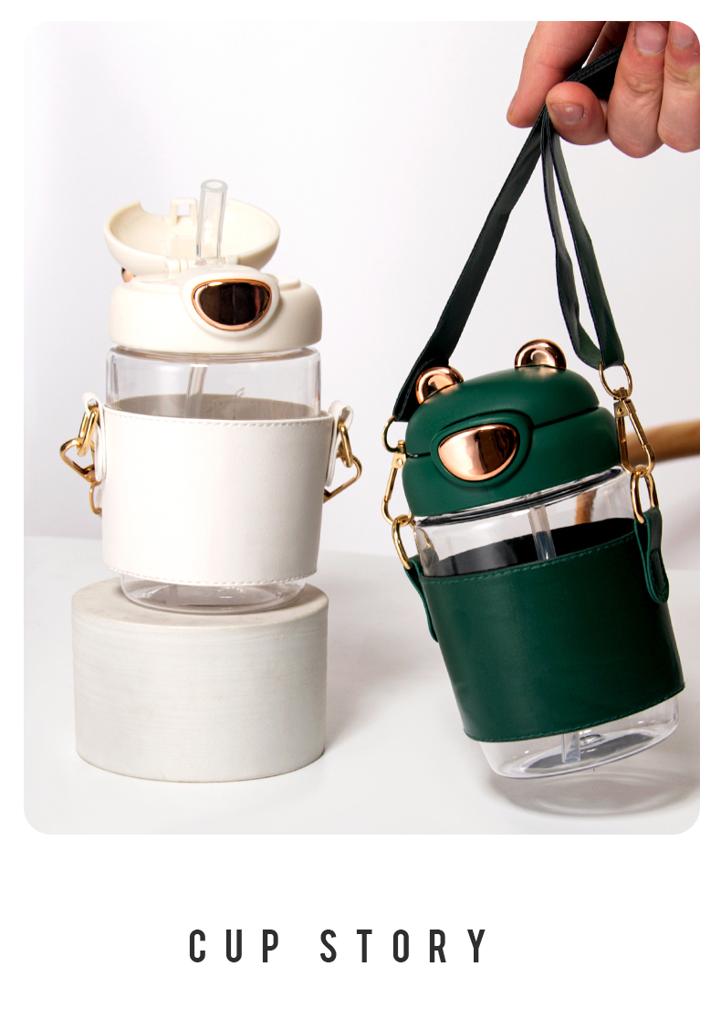 500ML可爱小熊吸管塑料杯弹跳盖手提背带便携随手杯