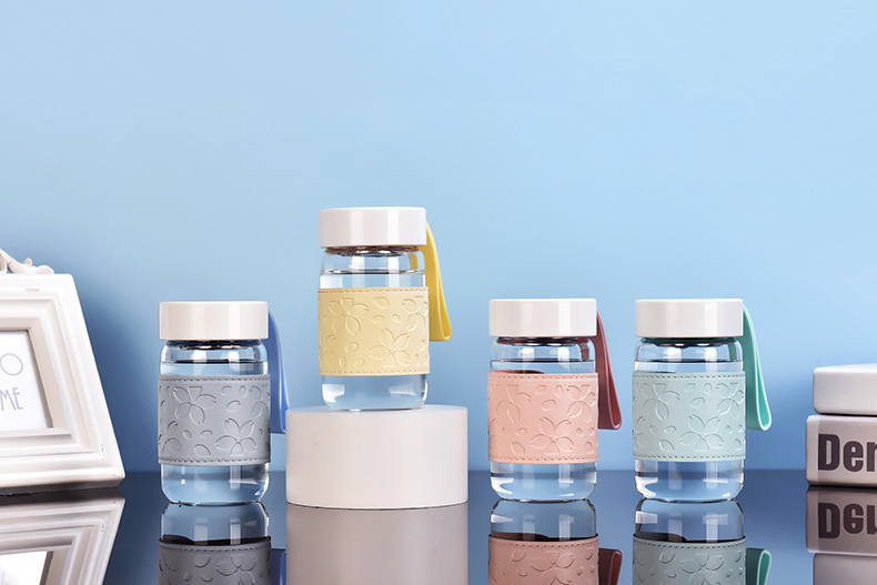 360ML樱花款迪欧玻璃杯PU杯套带茶隔清新可爱水杯