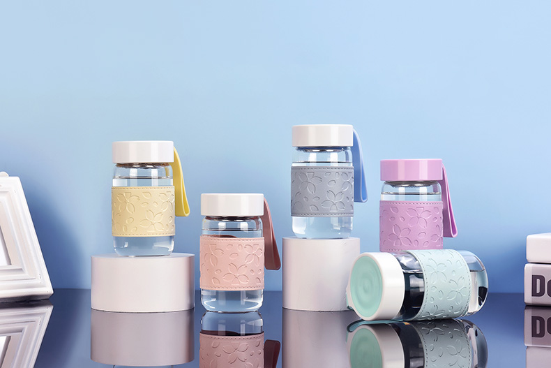 360ML樱花款迪欧玻璃杯PU杯套带茶隔清新可爱水杯