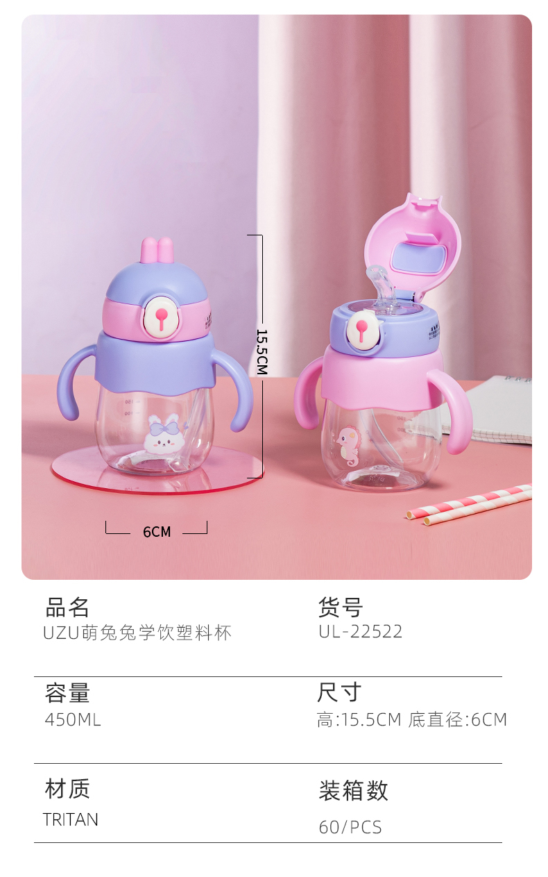 450MLUZU萌兔兔学饮塑料杯儿童双手柄吸管杯(彩盒）