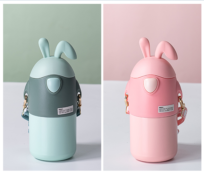 480ML卡通萌兔背带保温杯316不锈钢可爱吸管水杯子