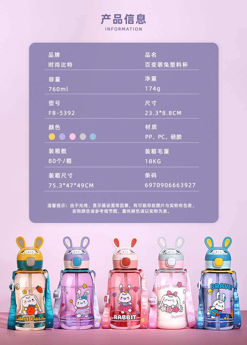 760ML百变萌兔塑料杯大容量卡通吸管大肚杯（彩盒）