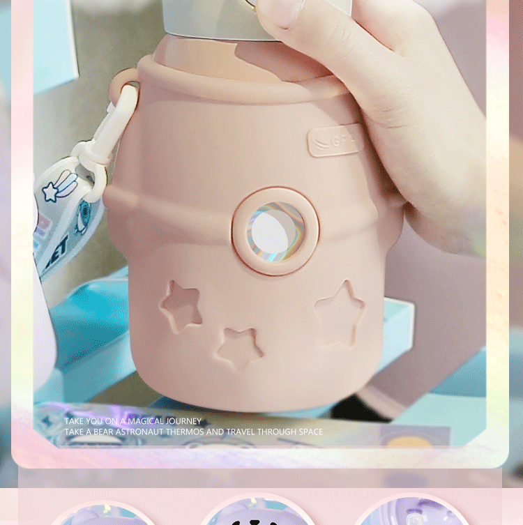 500ML316不锈钢抱抱星球宇航员保温杯可斜挎可爱水杯