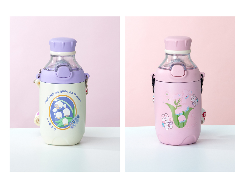 400ML浪漫铃兰花可乐瓶保温杯304不锈钢弹跳盖吸管水杯