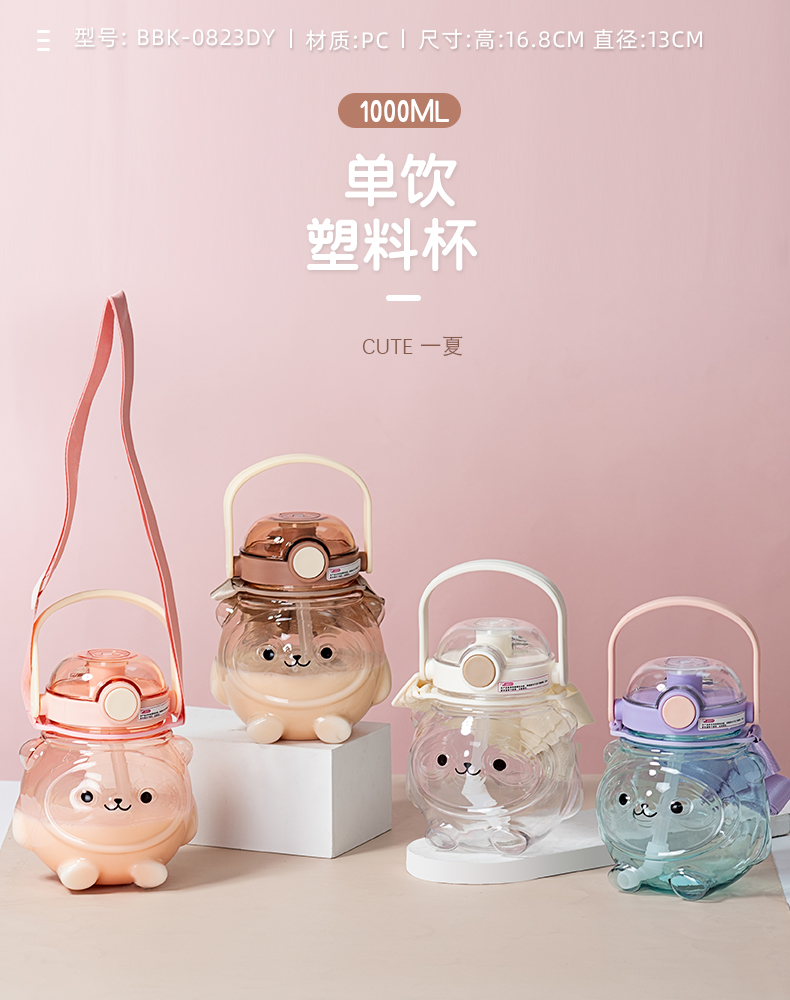 1000ML单饮吸管水杯卡通可爱塑料杯（彩盒）