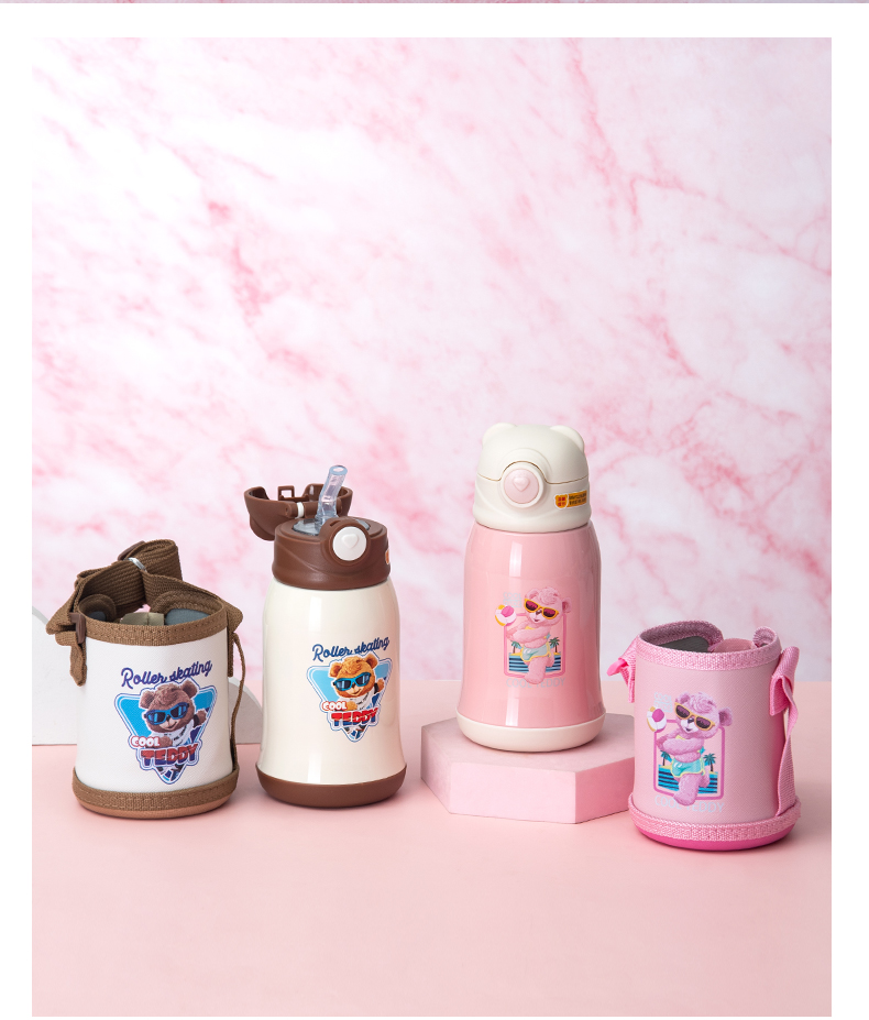 500ML卡通潮酷泰迪熊保温杯304不锈钢儿童吸管杯