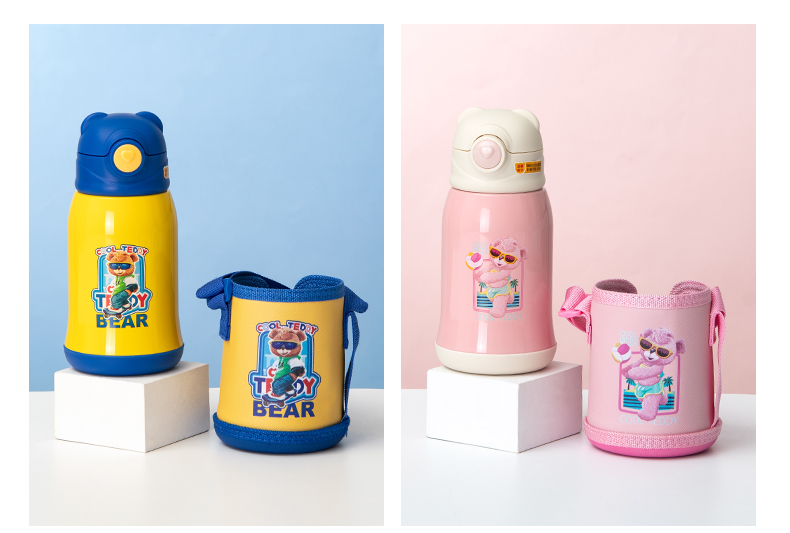 500ML卡通潮酷泰迪熊保温杯304不锈钢儿童吸管杯