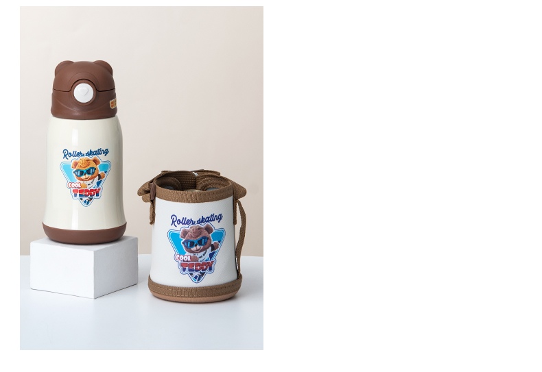 500ML卡通潮酷泰迪熊保温杯304不锈钢儿童吸管杯