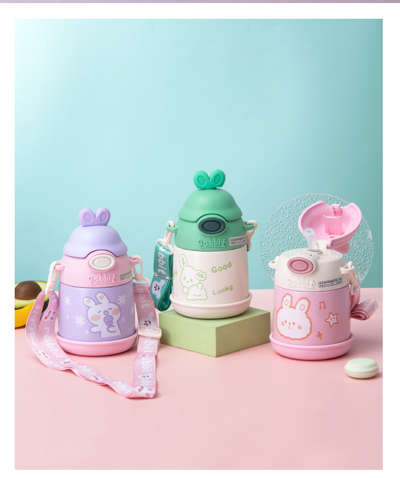 500ML卡通可爱小Q兔保温杯304不锈钢可斜挎吸管杯