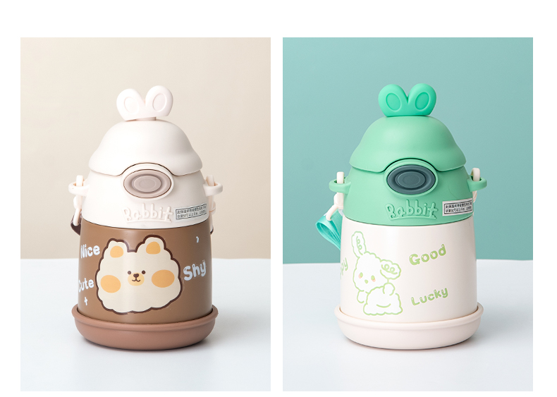 500ML卡通可爱小Q兔保温杯304不锈钢可斜挎吸管杯