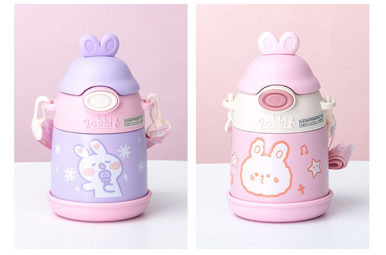 500ML卡通可爱小Q兔保温杯304不锈钢可斜挎吸管杯