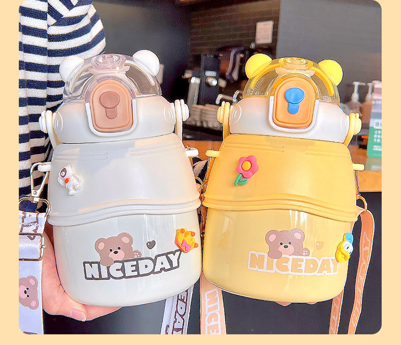 1000ML可爱卡通童真熊保温杯大容量高颜值吸管杯