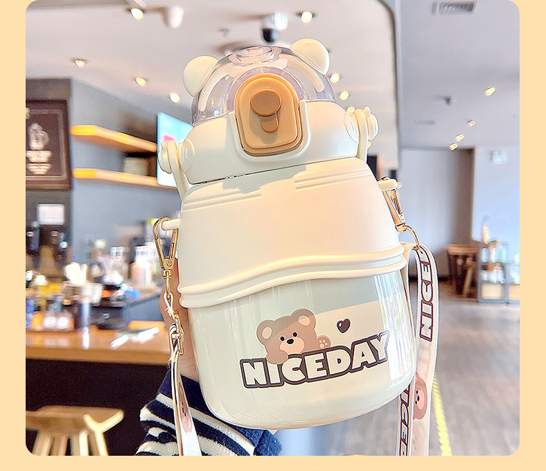 1000ML可爱卡通童真熊保温杯大容量高颜值吸管杯