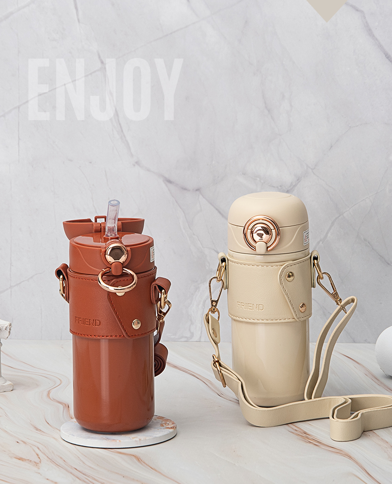 480ML皮套米豆豆吸管弹跳杯304不锈钢男女士商务水杯