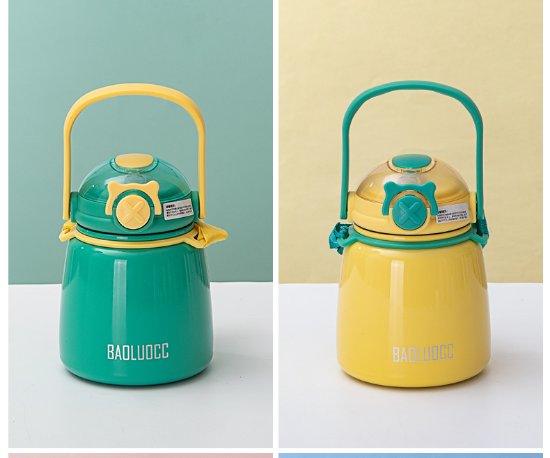 650ML背带提手小胖保温杯304不锈钢简约便携大肚杯