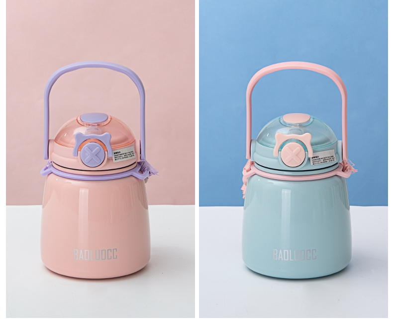 650ML背带提手小胖保温杯304不锈钢简约便携大肚杯