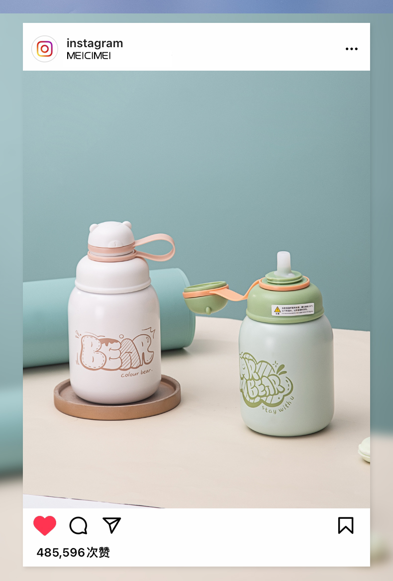 500ML圆圆吸管保温杯304不锈钢卡通可爱便携大肚杯