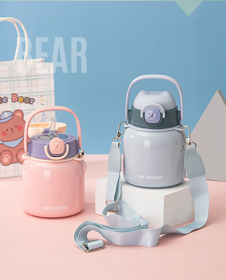 650ML炸弹猫吸管大肚保温杯304不锈钢简约可斜挎水杯