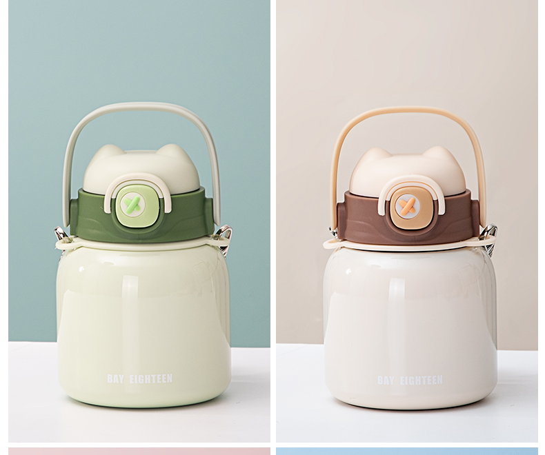 650ML炸弹猫吸管大肚保温杯304不锈钢简约可斜挎水杯