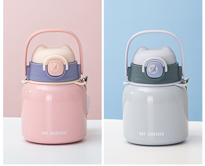 650ML炸弹猫吸管大肚保温杯304不锈钢简约可斜挎水杯