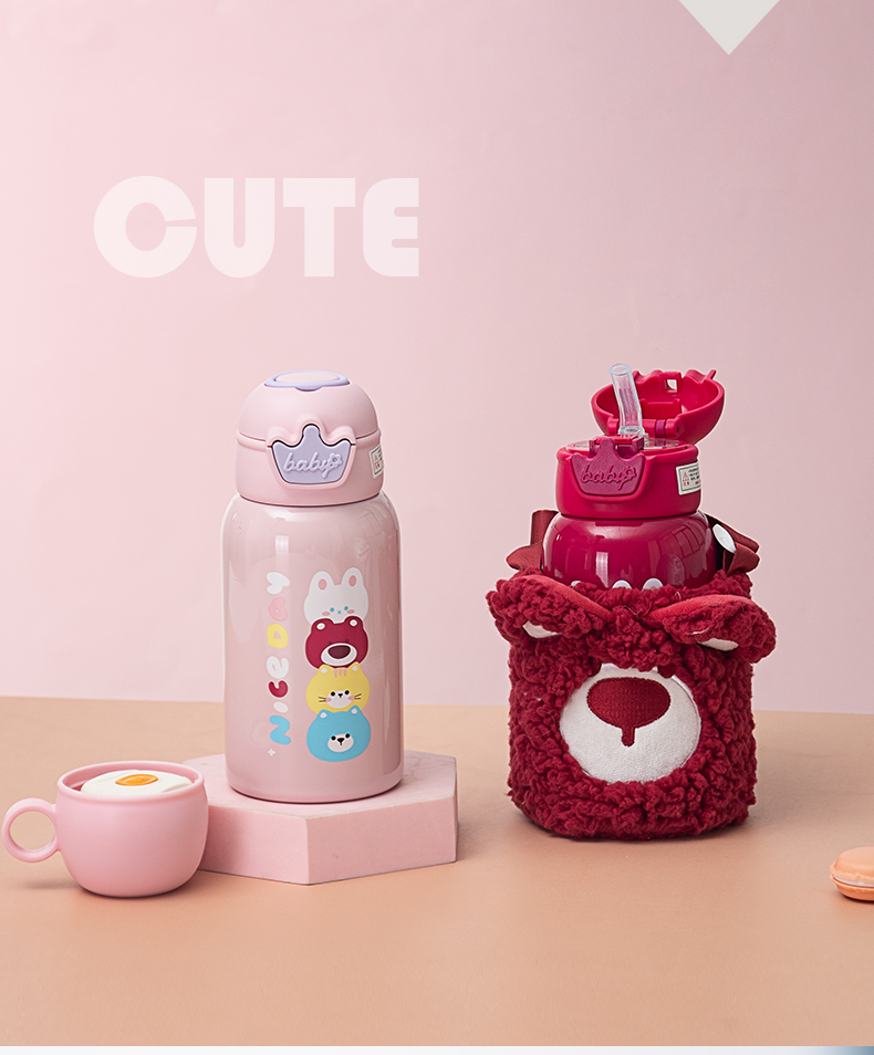 500ML游园会系列儿童吸管保温杯卡通可爱一杯两盖水杯