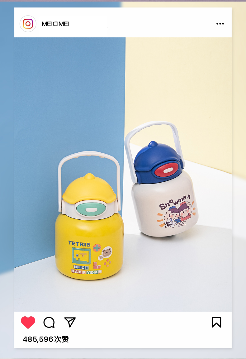 700ML雪人兄弟鸭嘴兽保温杯304不锈钢可爱吸管大肚杯