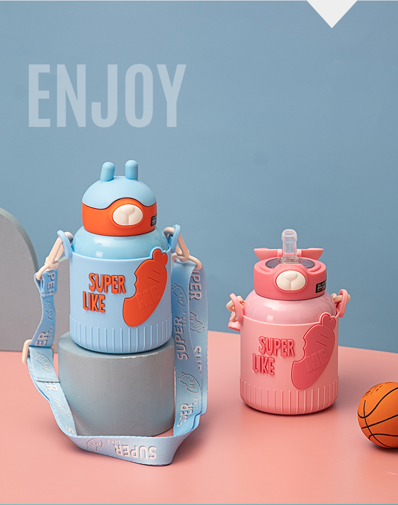 530ML卡通萌萌兔吸管保温杯316不锈钢可爱背带水杯