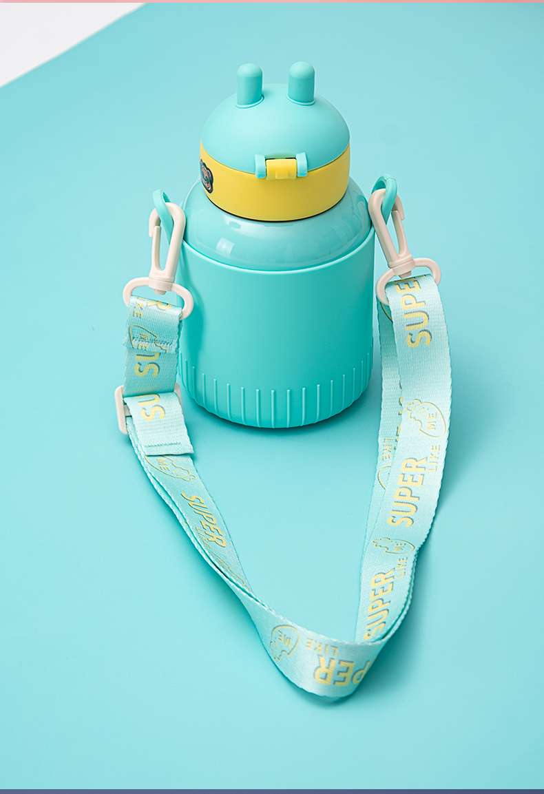 530ML卡通萌萌兔吸管保温杯316不锈钢可爱背带水杯