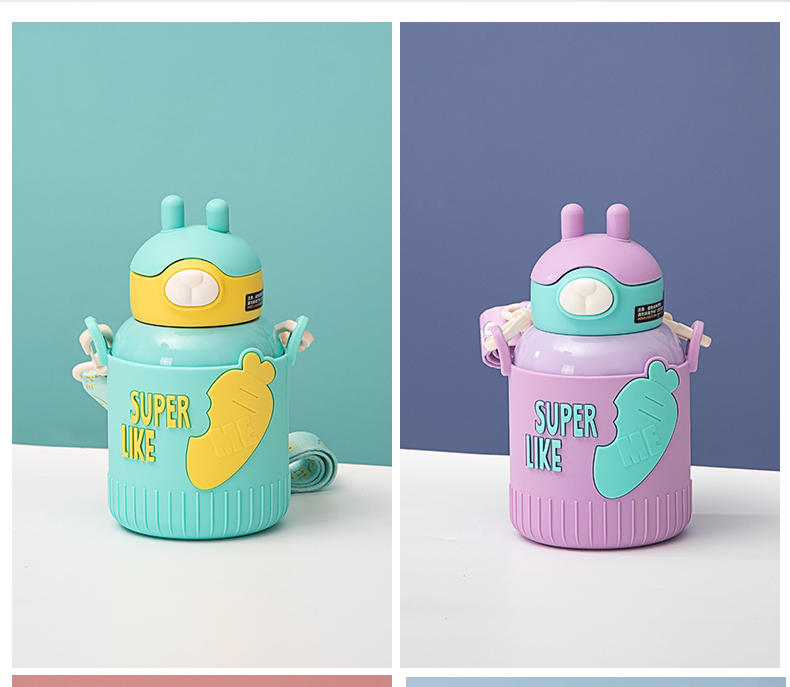 530ML卡通萌萌兔吸管保温杯316不锈钢可爱背带水杯