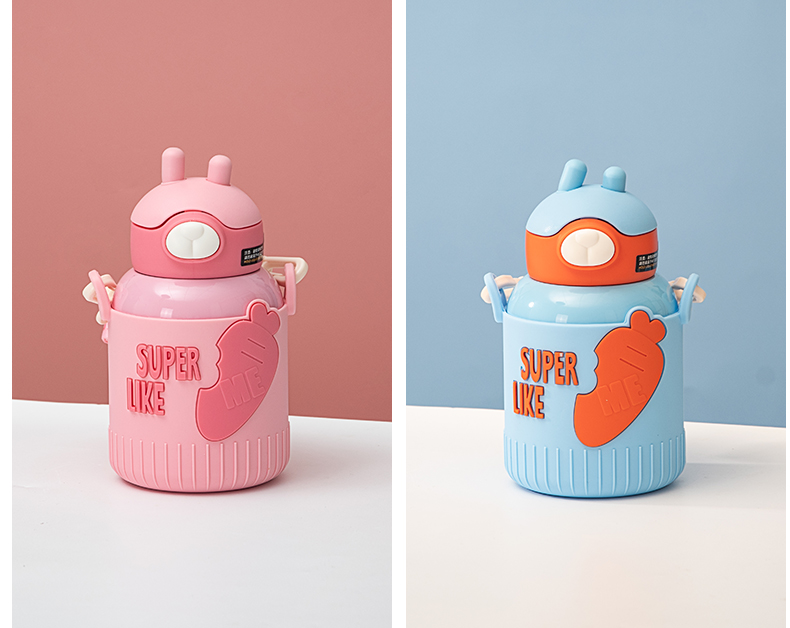 530ML卡通萌萌兔吸管保温杯316不锈钢可爱背带水杯