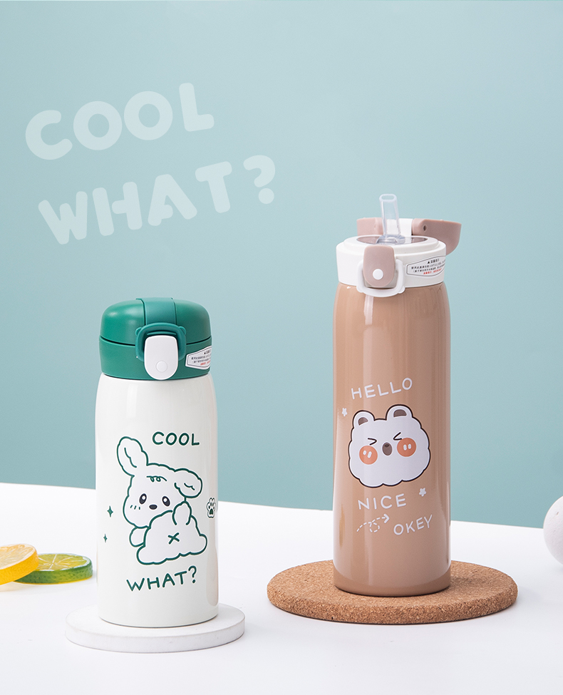 350ML萌熊实色吸管彩色卡通保温杯304不锈钢可爱水杯