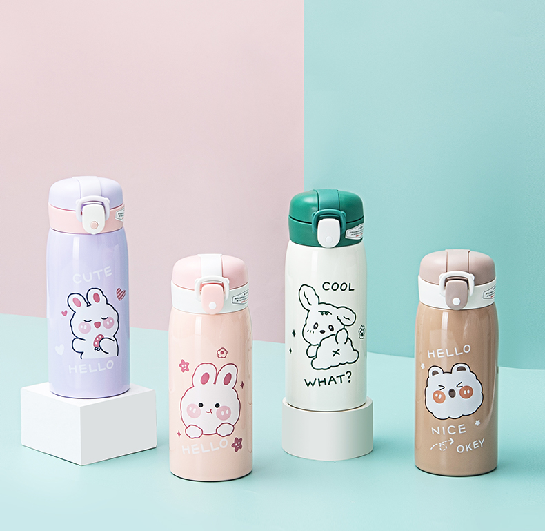 350ML萌熊实色吸管彩色卡通保温杯304不锈钢可爱水杯