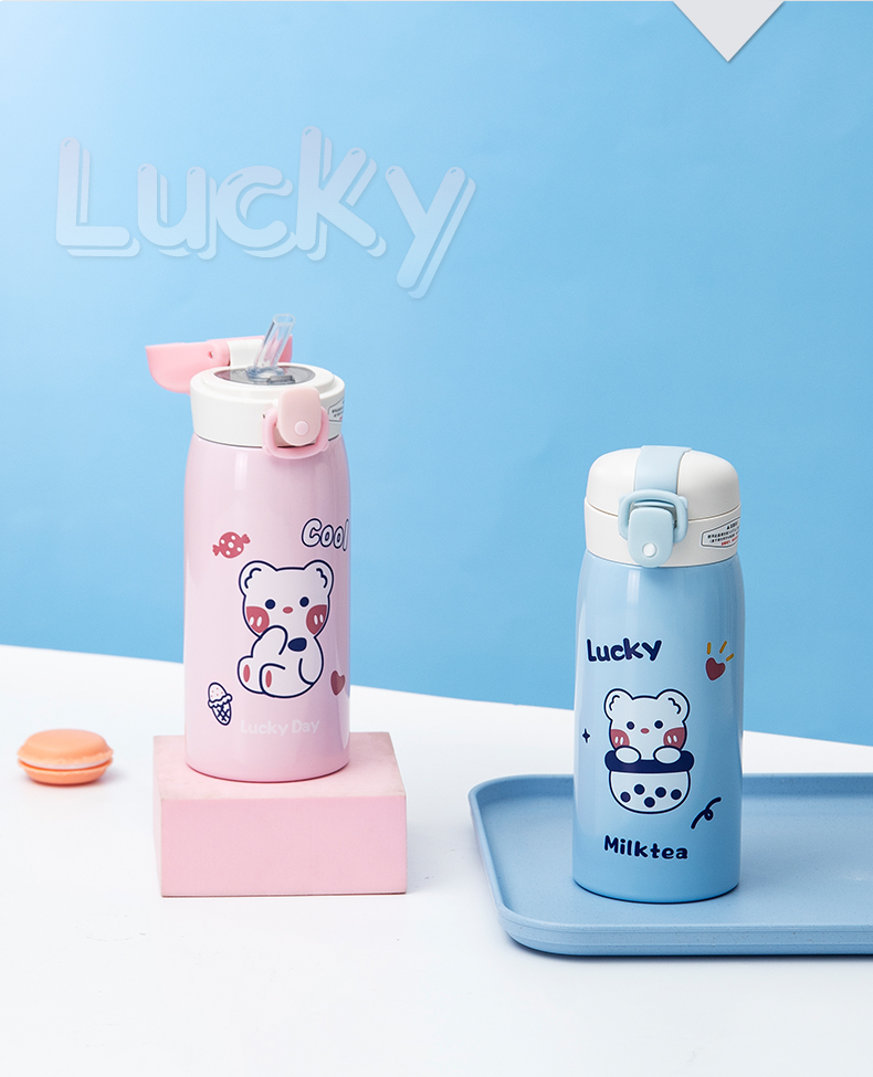 350ML卡通萌熊实色吸管KAOLA保温杯304不锈钢水杯