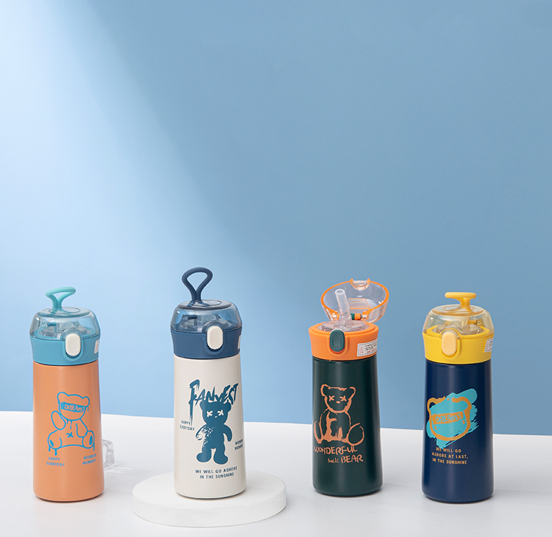 380ML悦酷透明吸管彩色熊系列保温杯便携带提绳随手杯