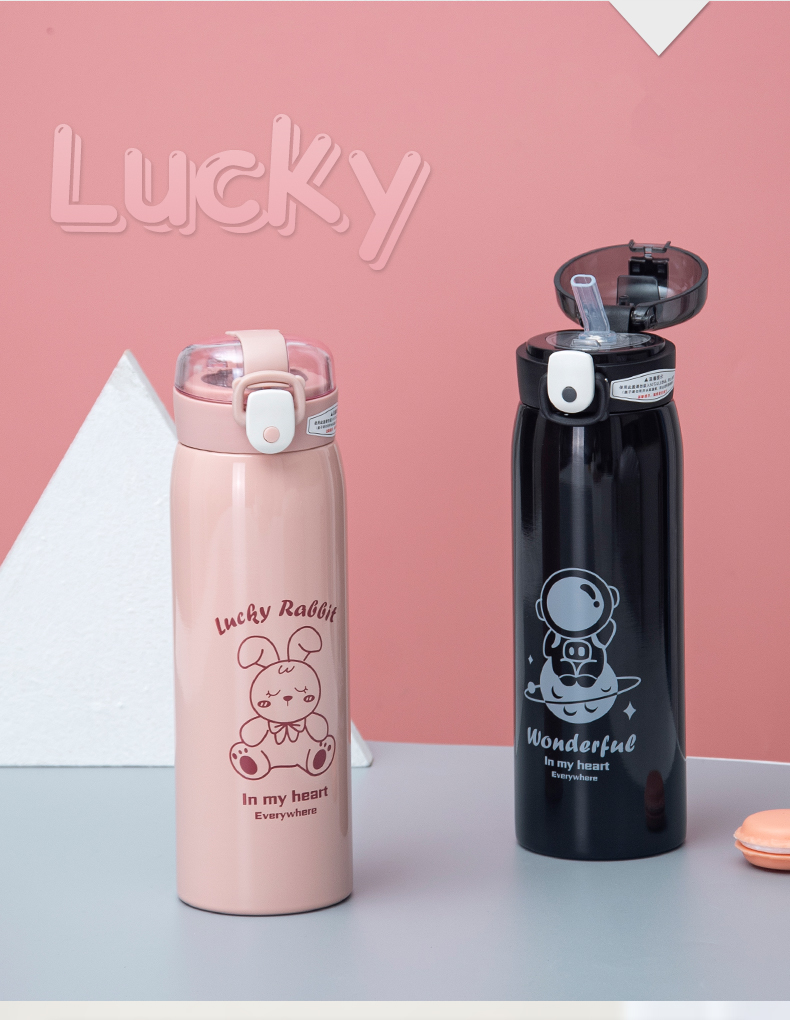 500ML萌熊透明盖吸管线描卡通保温杯304不锈钢水杯