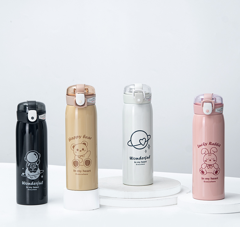 500ML萌熊透明盖吸管线描卡通保温杯304不锈钢水杯