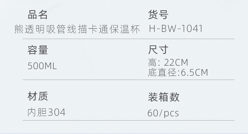 500ML萌熊透明盖吸管线描卡通保温杯304不锈钢水杯