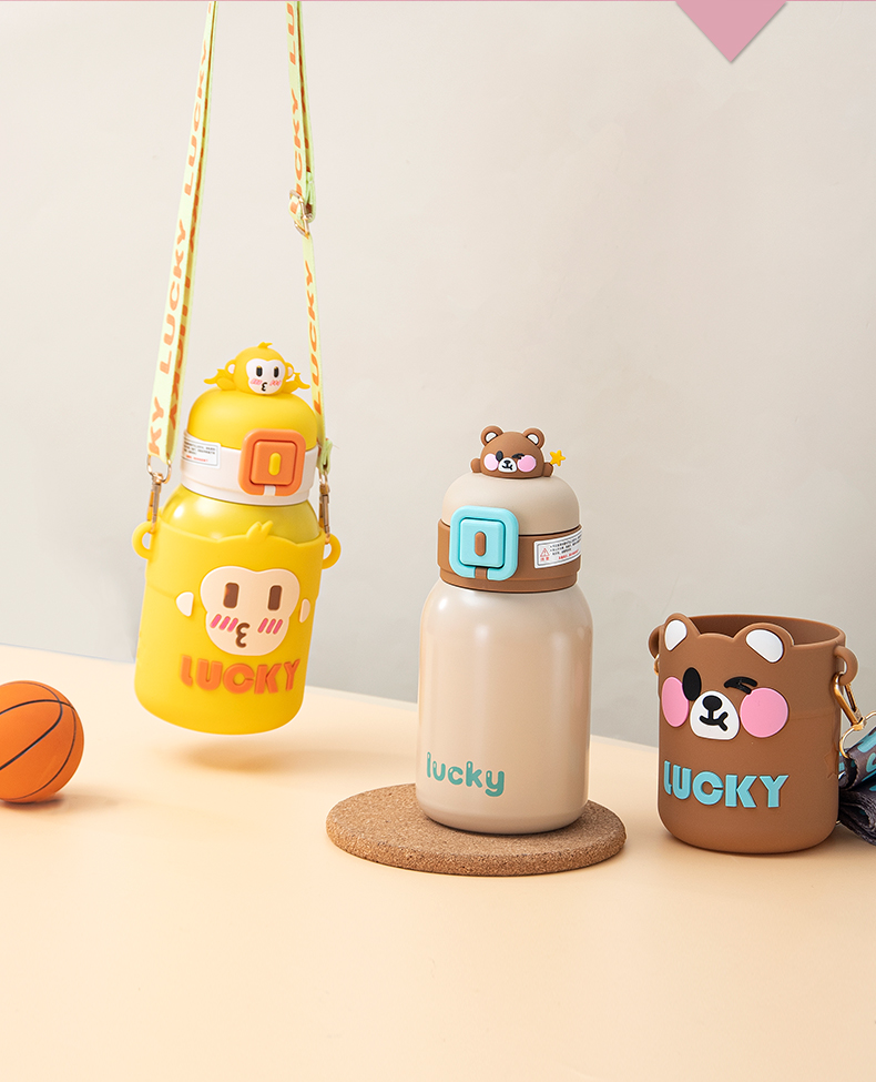 550ML幸运颜色公仔方扣保温杯304不锈钢可爱吸管杯
