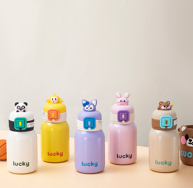 550ML幸运颜色公仔方扣保温杯304不锈钢可爱吸管杯
