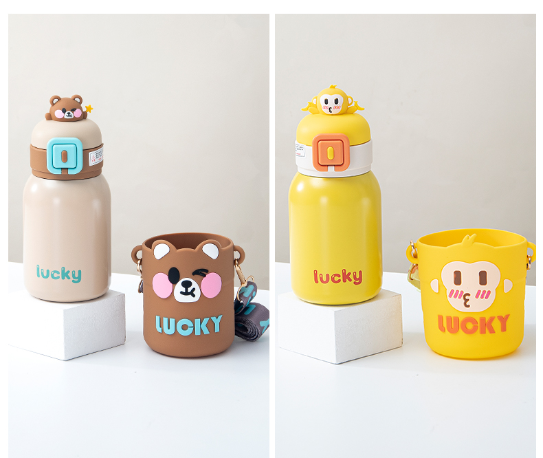 550ML幸运颜色公仔方扣保温杯304不锈钢可爱吸管杯