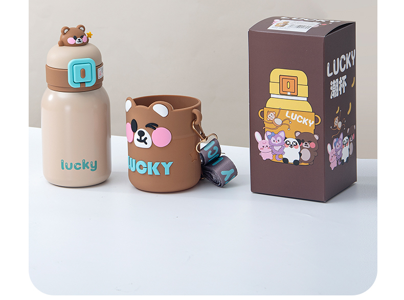 550ML幸运颜色公仔方扣保温杯304不锈钢可爱吸管杯